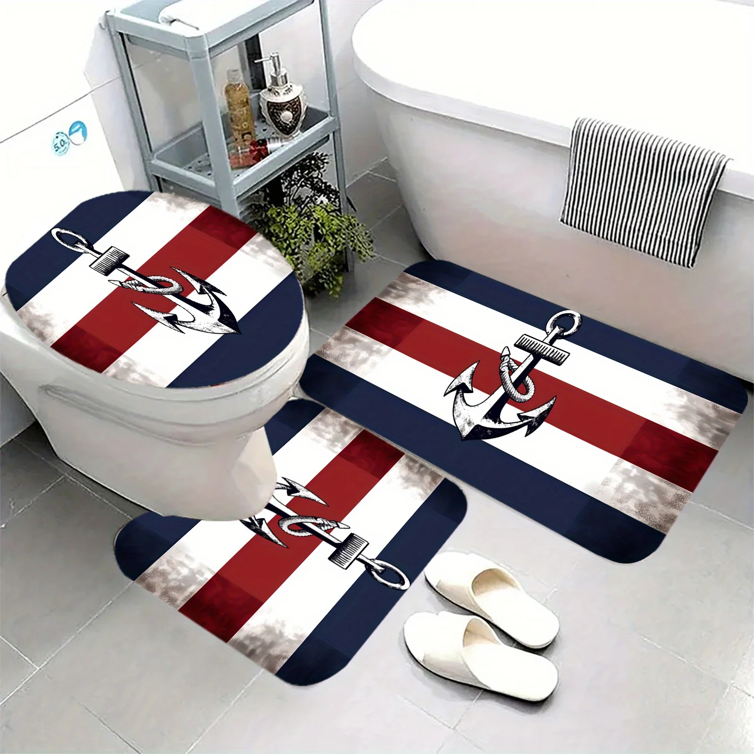 

Набор из 3 ковриков для ванной с якорем и крышкой унитаза + U-образный напольный коврик, нескользящая фланель, весенне-летний декор