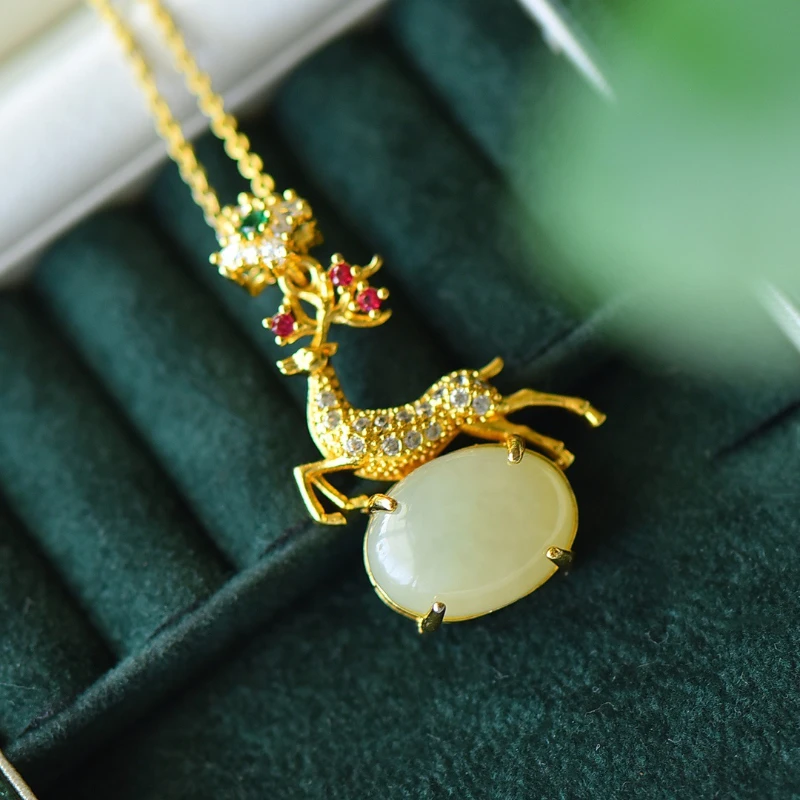 Antigo incrustado de jade branco um cervo tem seu pingente colar de cervo pingente acessórios moda corrente de clavícula