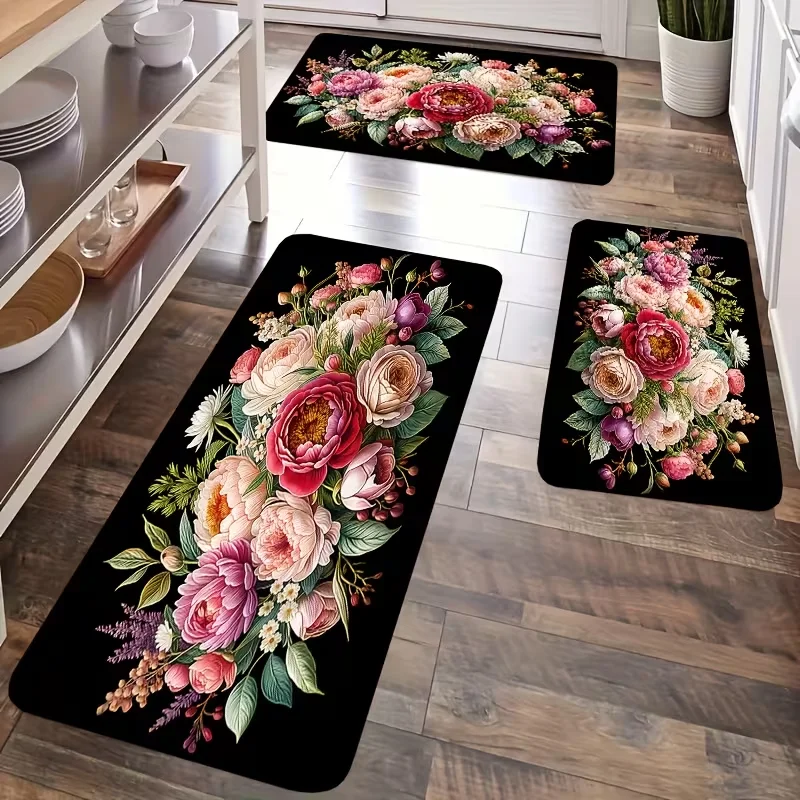 Vintage Peony Floral Kitchen Rug Set Soft Non-Slip 3-Piece Carpet Set Boho Floral Themed Floor Mats for Kitchen Hallway Entryway