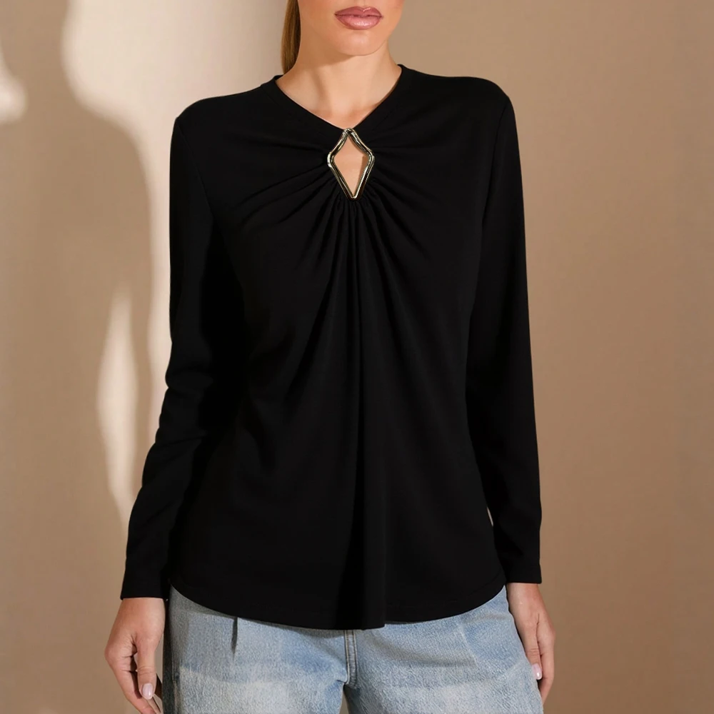 

Mia Muse Autumn Women's T-Shirts Fashion Basics Solid Color Folds Cut-Out Long Sleeve V-Neck Casual Tees