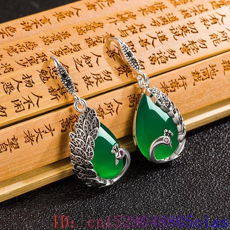 Green Real Jade Peacock Earrings Gift Energy Vintage Luxury 925 Silver Talismans Stone Natural Jewelry Designer Women