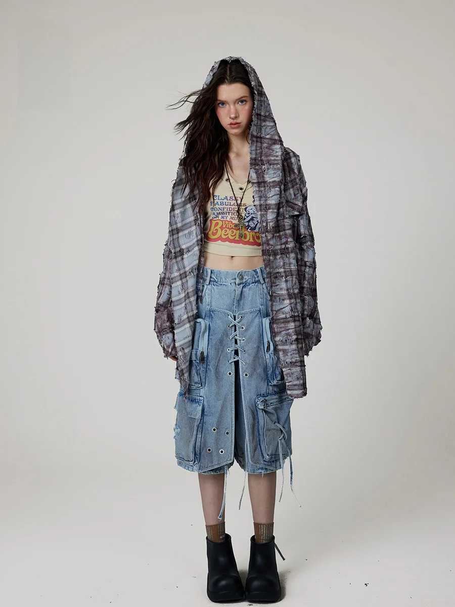 

Оригинальная женская хлопковая рубашка BAK Loose Retro в клетку с эффектом потертости, с отверстиями, с защитой от солнца, с капюшоном, для повседневной носки, с длинными рукавами