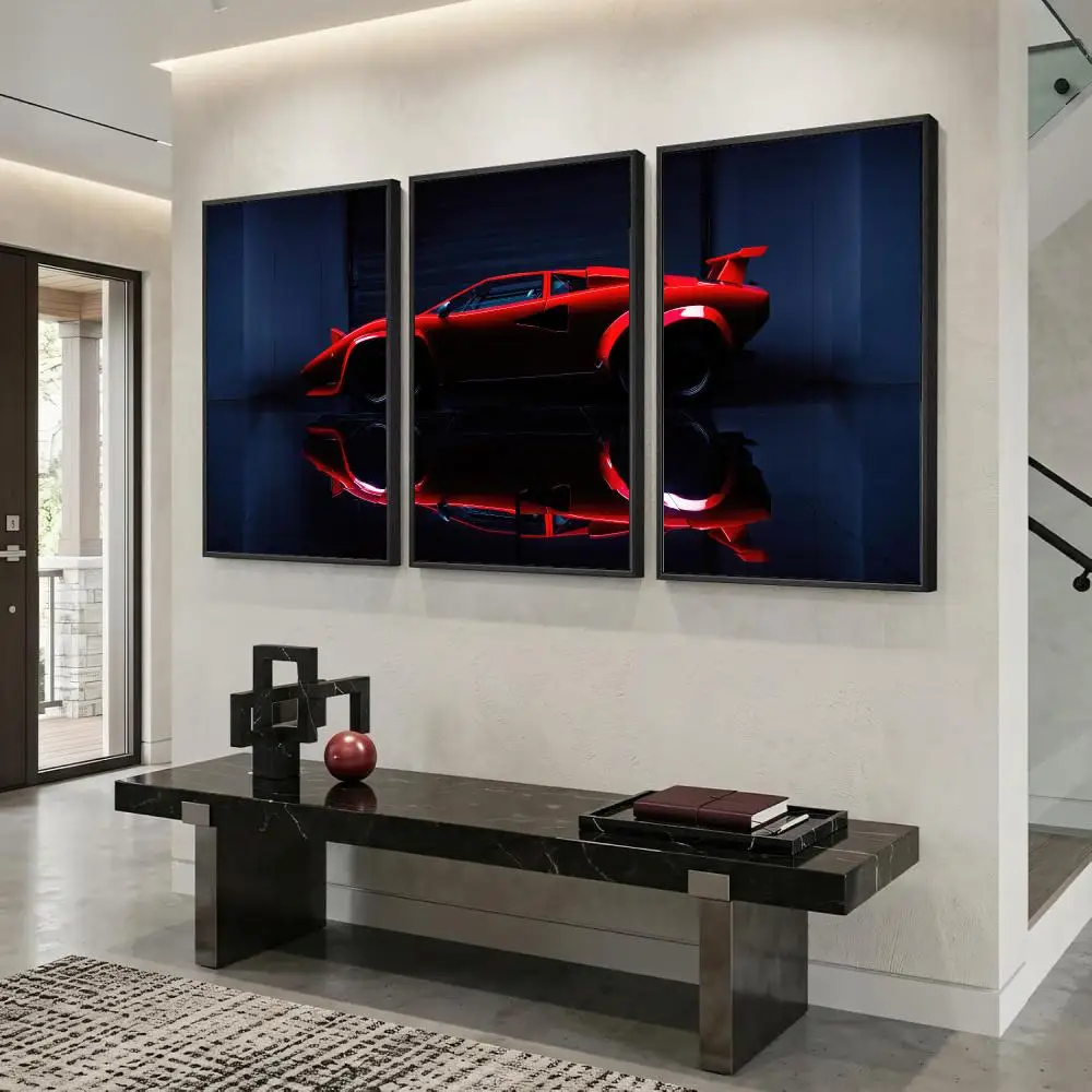 Sports Car Wet Road Reflection Painting Calligraphy 3PCS Canvas Art Poster Set for Living Room Bedroom Office Home Decor Gift