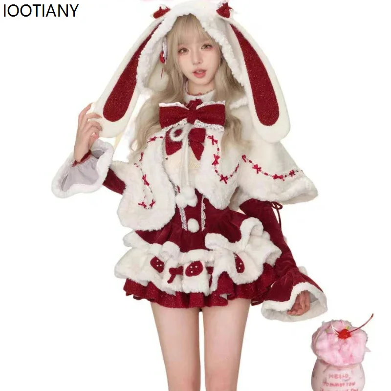 

Winter Christmas Lolita 3 Piece Sets Women Kawaii Plush Bunny Ear Hooded Cloak Coat Bow Mini Dresses Korean Style Sweet Suit