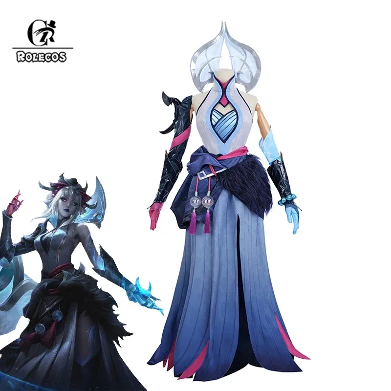 ROLECOS LOL Snow Moon Morgana Cosplay Costume Game LOL the Fallen Morgana Outfit Halloween Women Dress Full Set