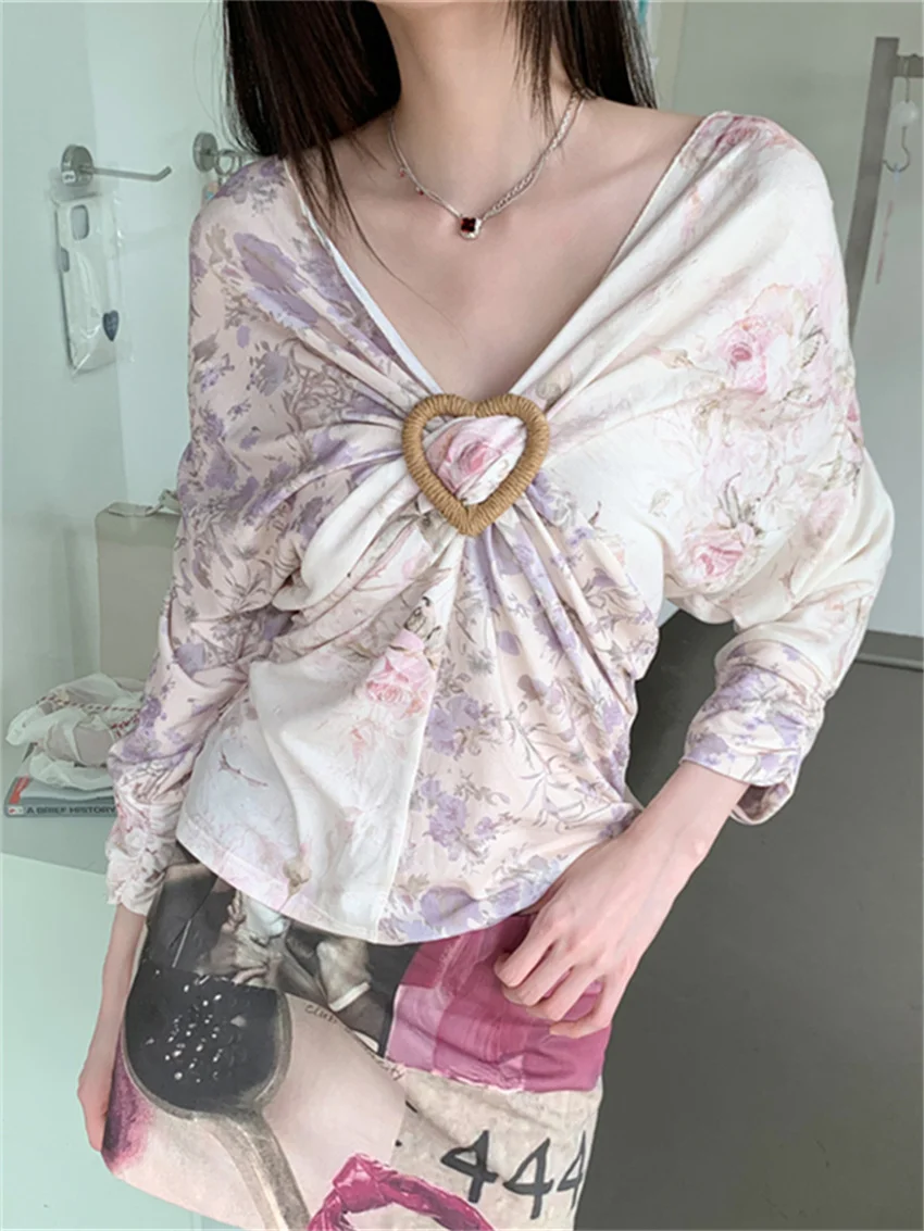 

Alien Kitty Summer V-Neck Sweater T-Shirts Loose Women Purple Florals Gentle 2024 Casual Full Sleeve New Mujer Office Lady Thin