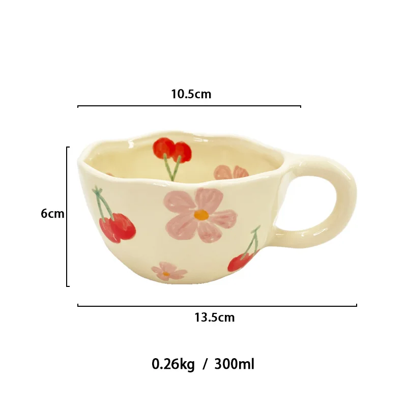 Cute Hand Painted Floral Ceramic Mug Microwave Safe Irregular Rim Coffee Tea Cup for Home Office Breakfast Beverage Drinking
