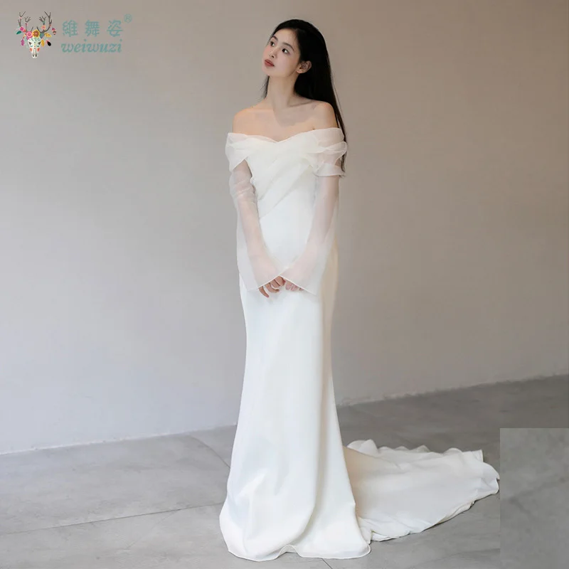 

Korean Style Gentle Temperament Satin Light Wedding Dress Simple One Collar Off The Shoulder Slim Fit Bridal Wedding Dress