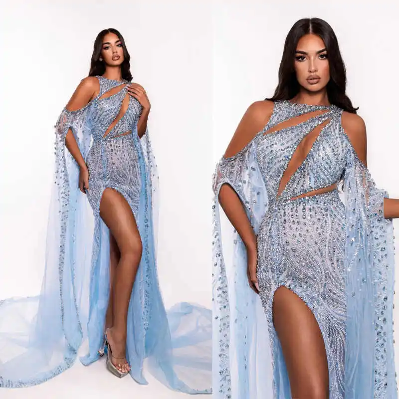 

Graceful Evening Dresses Mermaid Off Shoulder Shawl High Slit Backless Prom Gowns Party Dresses Customized Robe De Soirée