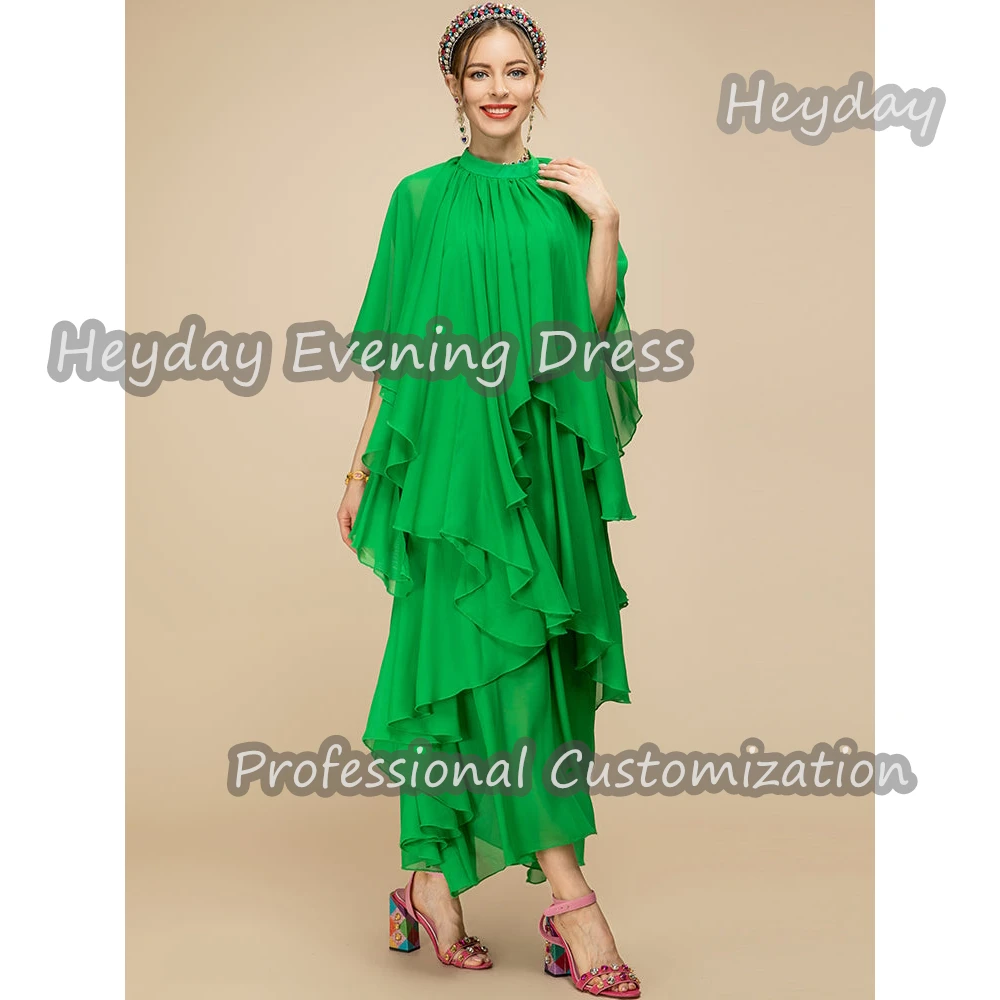 

Heyday O-Neck Saudi Arabia Short Sleeves A-Line Prom Gown Chiffon Ruffle Tea Length Elegant Evening Party Dress For Women 2024