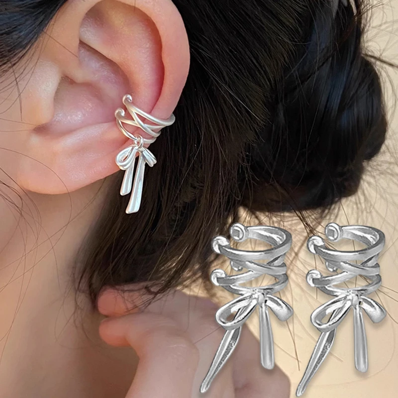 Women Vintage Punk Silver Color Tie Bow Ear Clip Earrings Fashion Tassel Non-Piercing Ear Wrapear Cuff Jewelry Party Gifts