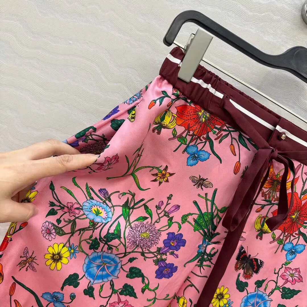 New Autumn Vintage 100% Silk Wide Leg Pants Women Elastic High Waist Belt Red Floral Print Loose Casual Trousers