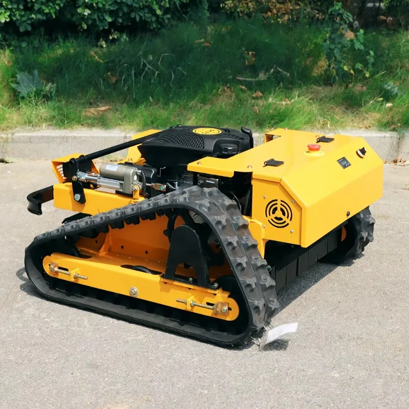Radio Controlled Electric Start Lawn Mower for Slope Mowing with Rubber Tracks and Snow Blades