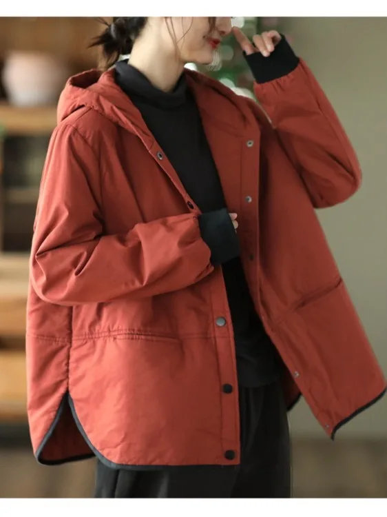 

Легкая хлопковая куртка свободного кроя в стиле ретро, женская верхняя одежда, пальто с капюшоном, удобное теплое повседневное зимнее модное тонкое хлопковое пальто...