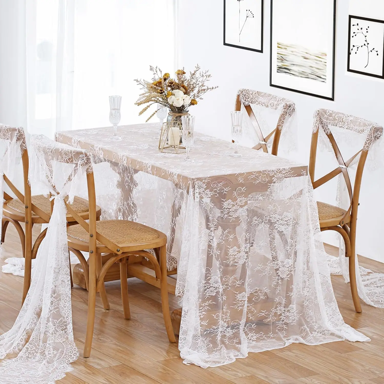 75x300cm White Lace Tablecloth Rect Vintage Embroidered Sheer Overlay For Wedding/Birthday Party Rustic Farmhouse Decor