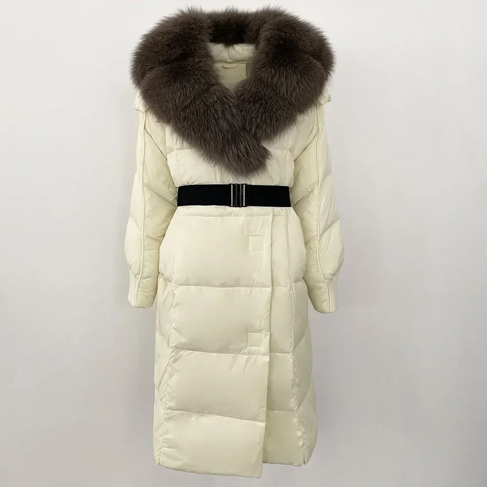 White Goose Down Coat Belt Thick Warm Casual Outerwear 2024 Winter Real Raccoon Fox Fur Collar Long Natural Jacket Women