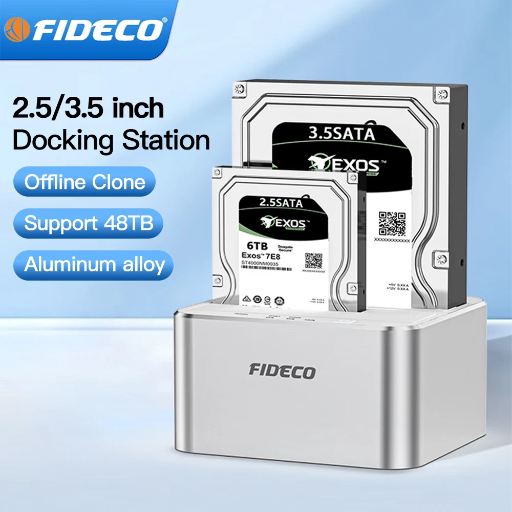 FIDECO  2.5"/3.5" Hard Drive Docking Station Aluminum External HDD Dock for SATA HDD SSD with Offline Cloner HDD Case Adapter