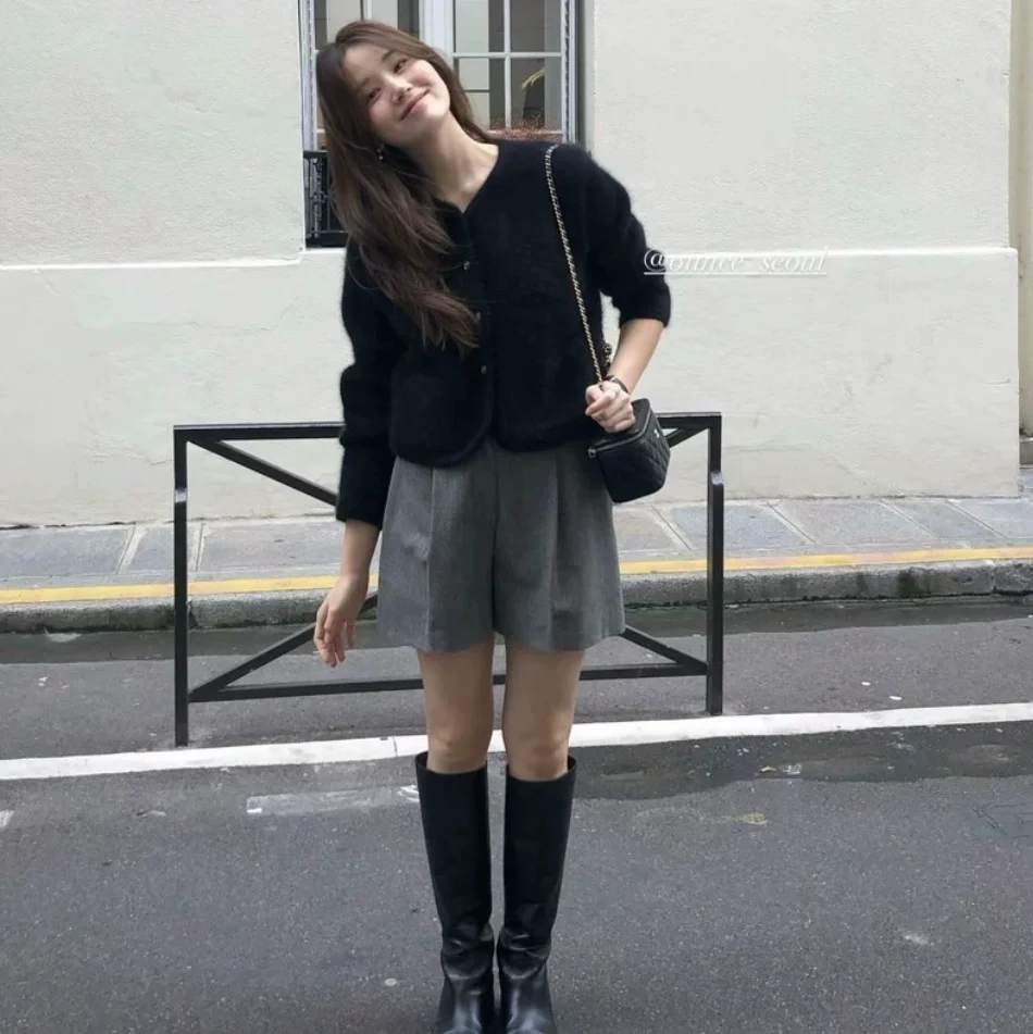 เสื้อคลุมคาร์ดิแกนไหมพรมถักแบบวินเทจสีทองน้ำเงินและสีชมพู รุ่นใหม่ประจำฤดูใบไม้ร่วงปี 2025 ของ Ounce2025 สไตล์ฝรั่งเศส สำหรับผู้หญิง