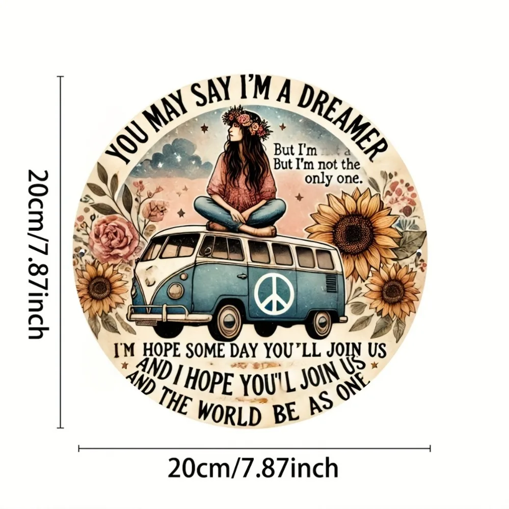 Hippie Van Round Aluminum Sign with 