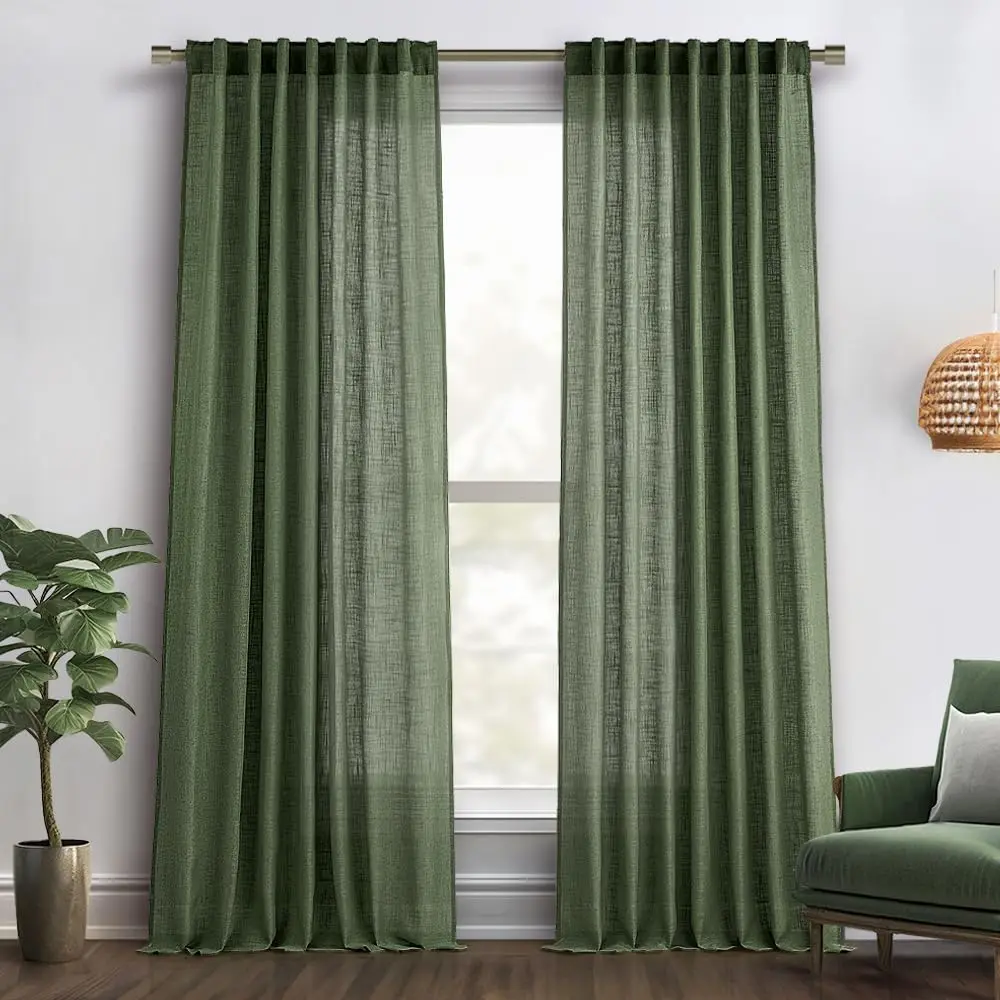 

Olive Green Linen Curtains 84 Inches Long 2 Panels for Bedroom Living Room, Back Tab & Pleat Tape with Hooks Soft Thick