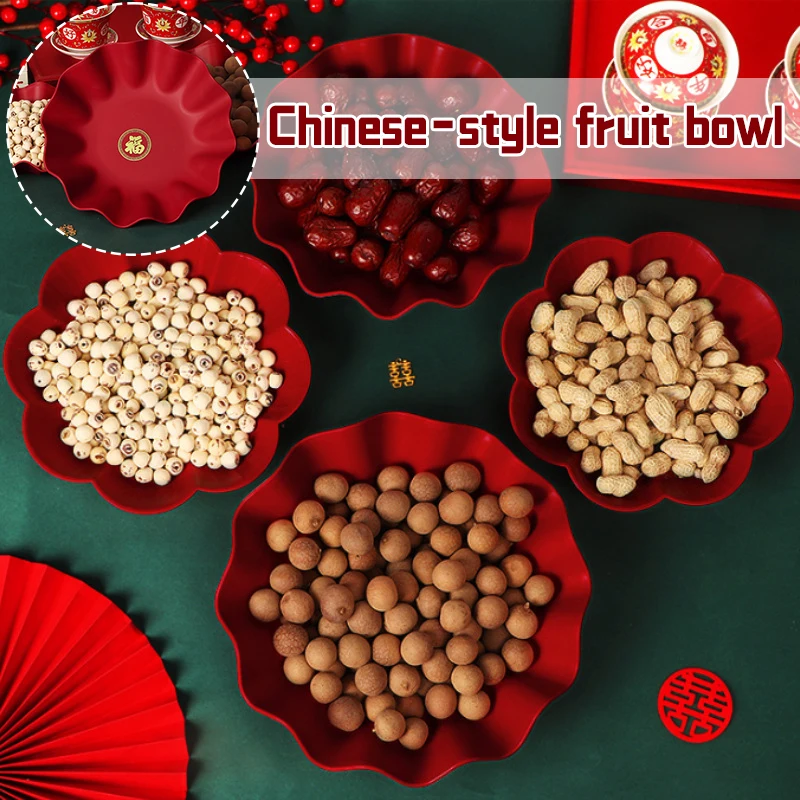 Chinese Wedding Serving Plates Fruit Plate Candy Trays Home Decor Red Plastic Round Food Containers Snack Dishes Bowls S/M/L