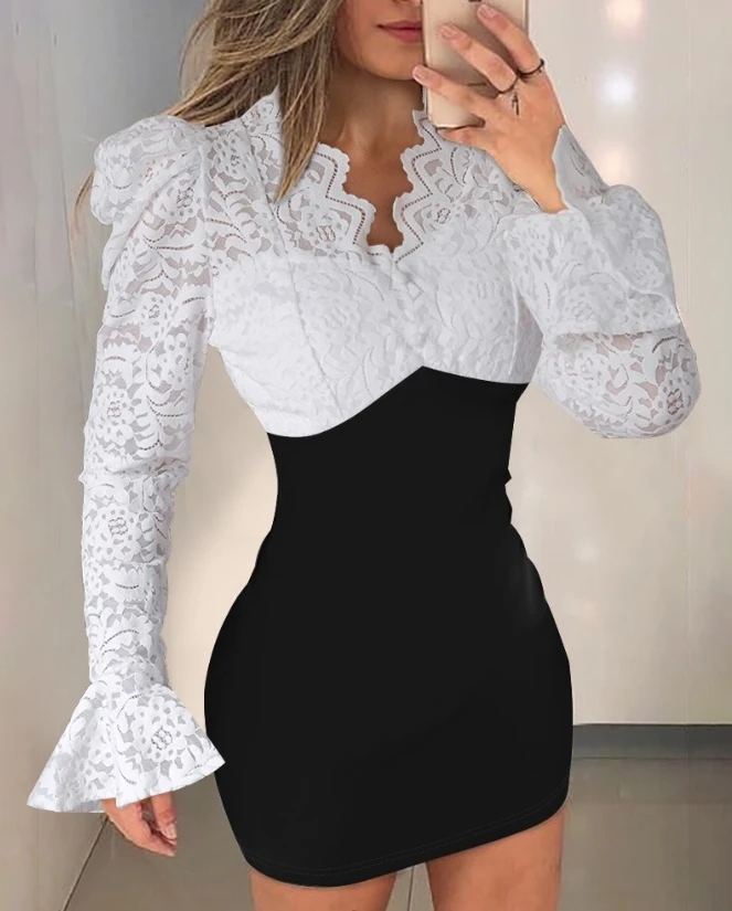 Womens Dresses Spring Fashion Colorblock Sexy Contrast Lace Bell Sleeve V-Neck Long Sleeve Bodycon Daily Semi-Sheer Mini Dress