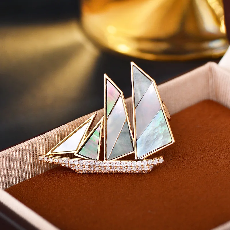 OKILY Exquisite Zirrcon Smooth Sailing Brooches Simple Temperament Natural Shell Pins for Men's Corsage Coat Suit Accessories