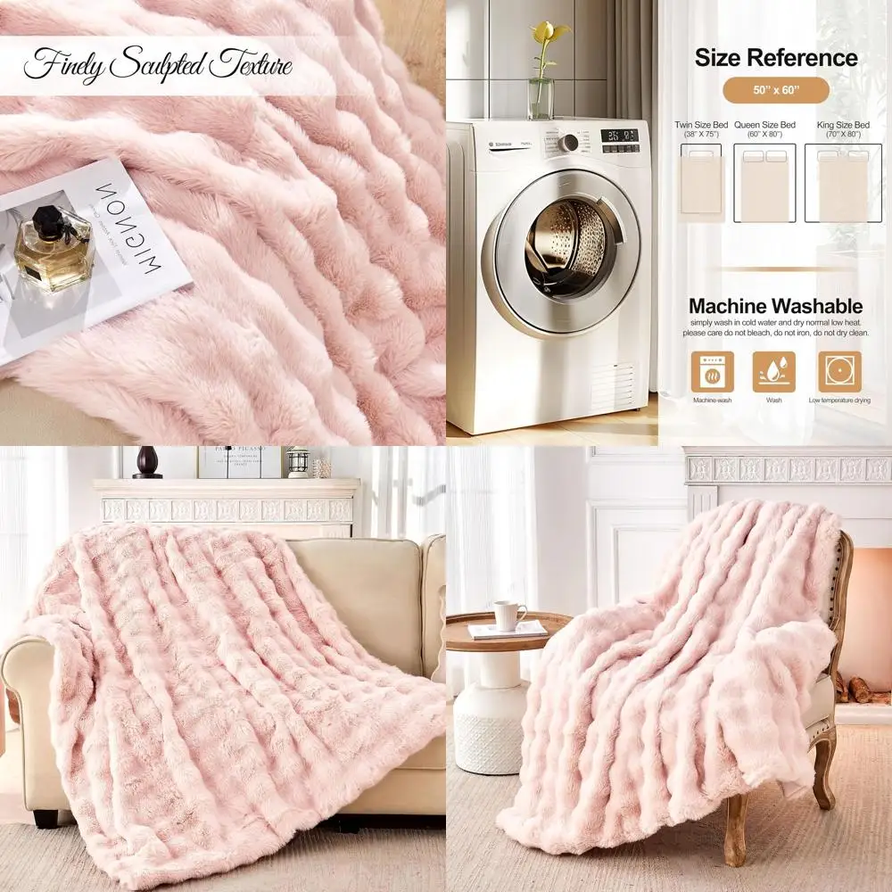 

Elegant Plush Rabbit Fur-Like Throw Blanket, Soft and Warm for Bed, Sofa, or Couch (50 x 60, Pink)