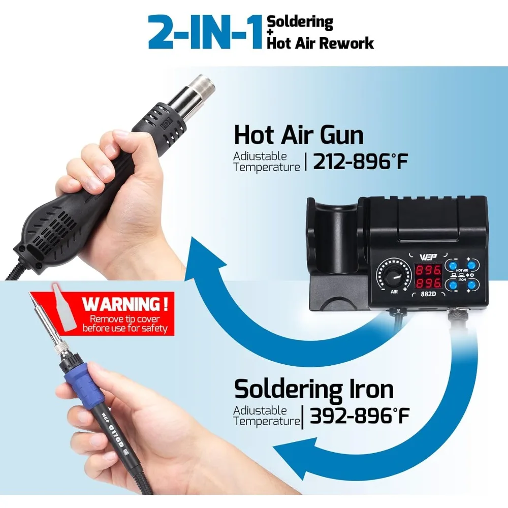 Best Selling 882D Soldering Iron Station 2-IN-1 SMD Hot Air Rework Station with 2 Spools of Solder Wire, 5 Soldering Tips
