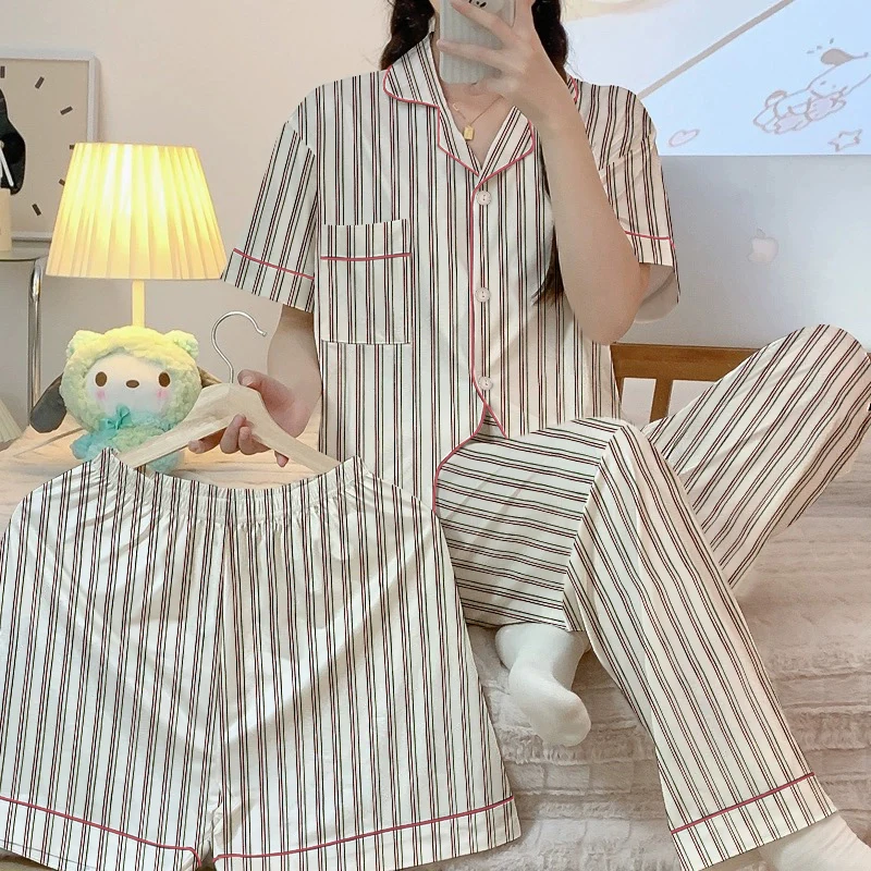 Japan & Korean Harajuku Simple Style Women\'s 3pcs Pajamas Striped Fashion Ins Milk Silk Sleepwear 2024 New Autumn Home Nightgown