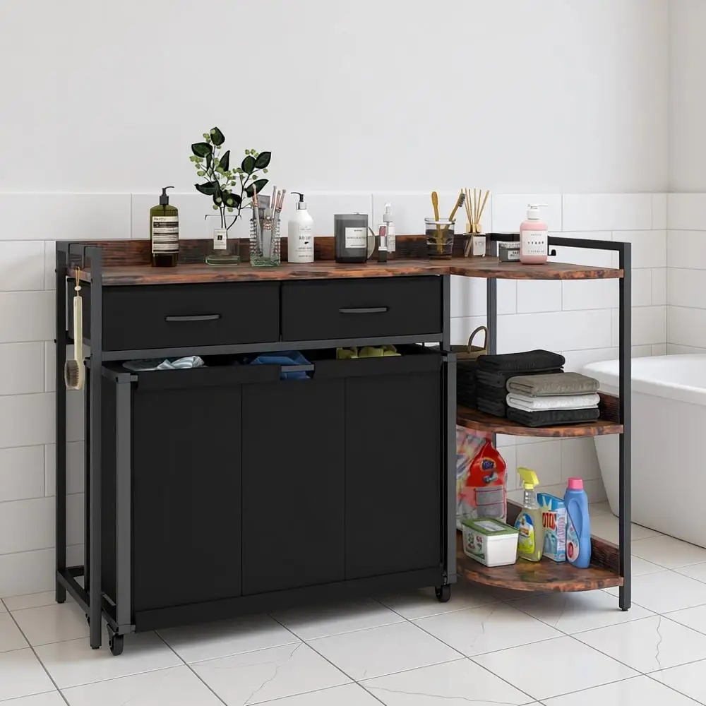 

Корзина для белья L-образной формы с 3 выдвижными мешками на колесиках и 3-ярусной полкой для хранения, органайзер для сортировки белья