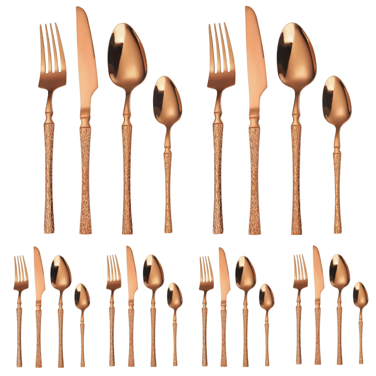 

A · HOUSEWARE Rose Gold Silverware with Bark Pattern Handle 24 Piece Stainless Steel Flatware Set for 6 Eating Utensil Tableware