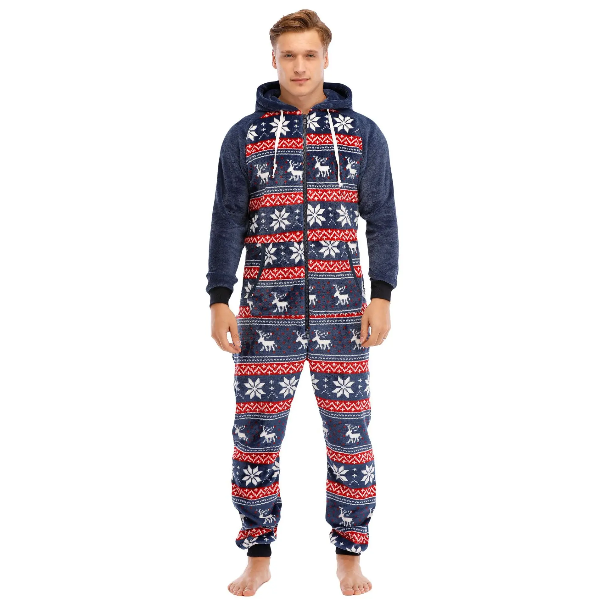 Autumn Winter Men's Christmas Hooded One Piece Winter Onesie Flannel Zipper Jumpsuit Costume Adults Sleepwear Pajamas