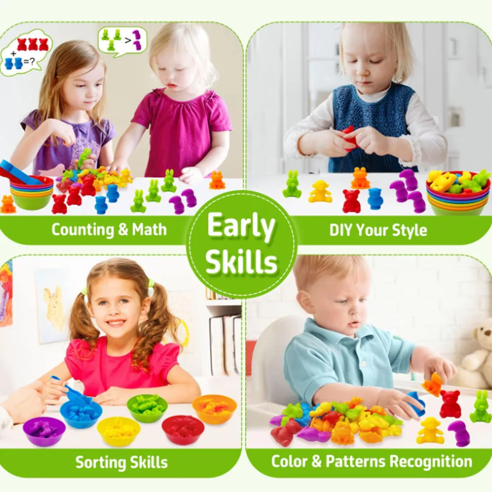 36PCS Colorful Animal Toy Set for Toddlers - Early Learning Educational Toys with Bowls & Tongs, Safe Plastic