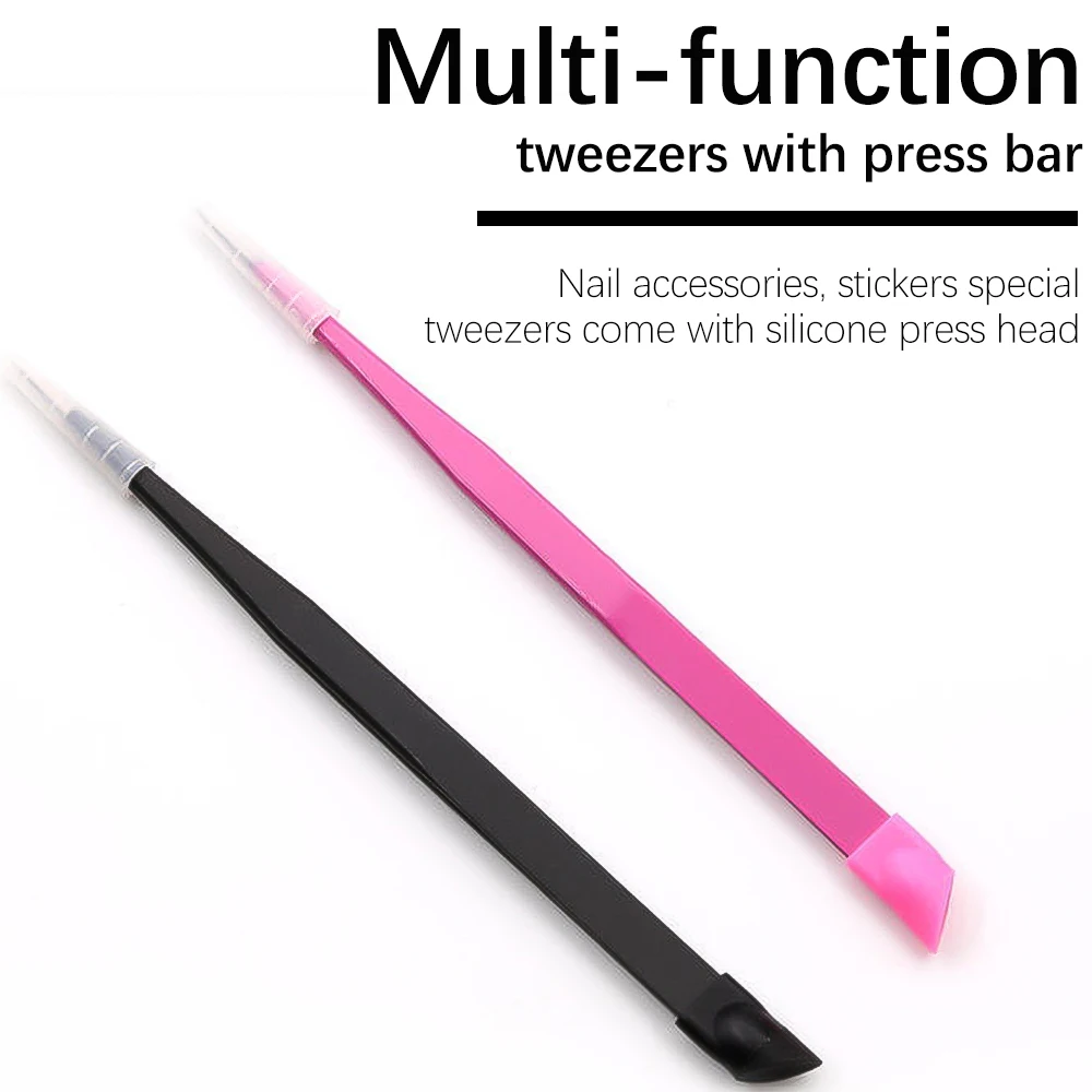 1/2/3Pcs Double Ended Tweezers Nail Tool Pink/Black/Rose Red Nail Tweezers With Silicone Pressing Head Stickers Pick Up Tweezers