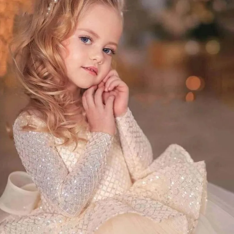 Custom Flower Girl Dress, Beige Tulle with Sequins, Long Sleeves, Bow at the Back, Suitable for Weddings, First Communion, Birth