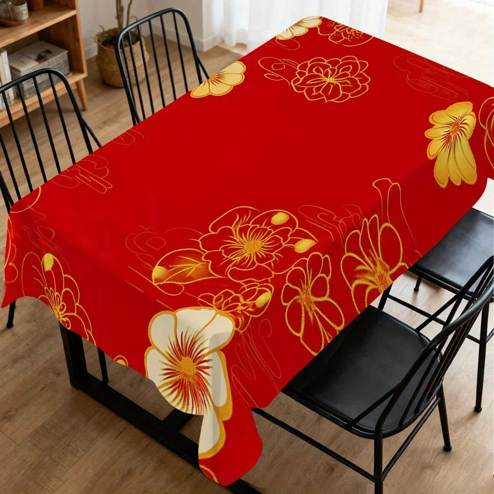 1Pc Rectangular Tablecloth Red Golden Floral Print Table Cover For Dining Room Kitchen Party Decoration Dustproof Oilproof Stai