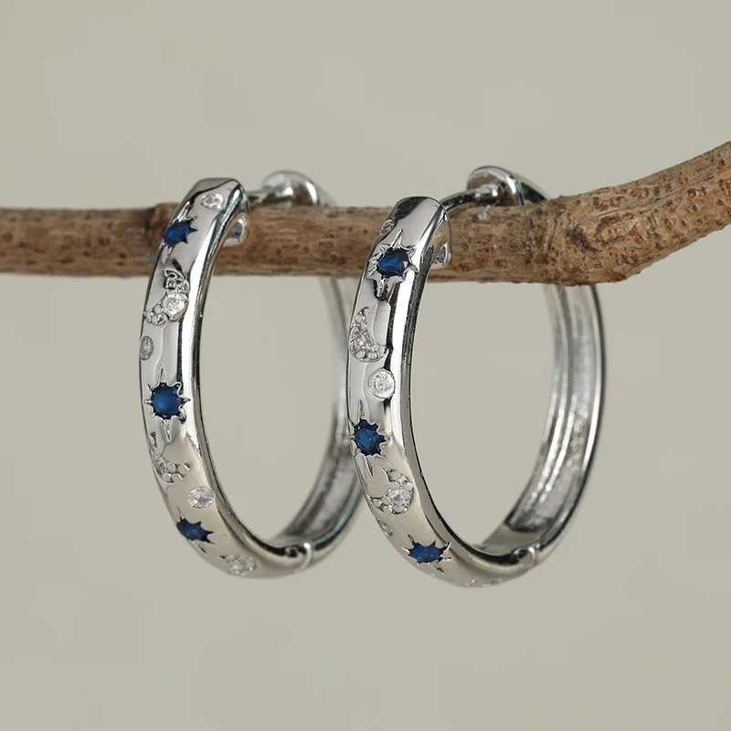 Silvery Blue Zircon Hoop Earrings For Women Star Moon Galaxy Starry Blue Zircon Luxury Jewelry Gifts 1Pair