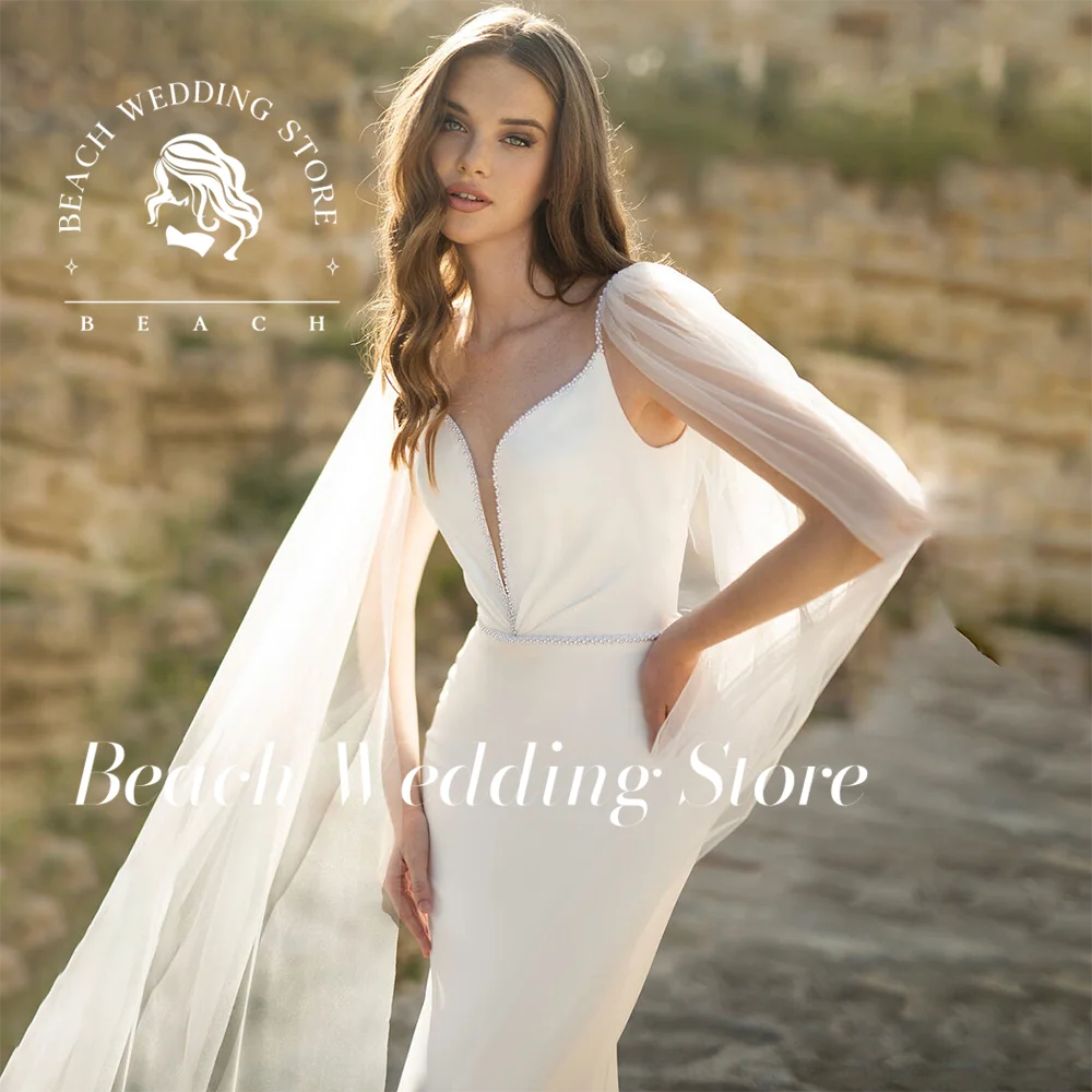 Suknia Ślubna Syrena Elegancka Satynowa Plażowa Dekolt V Bez Rękawów Bez Pleców Prosta Nowoczesna Suknia Ślubna 2025 Vestido De Novia Szyta na Miarę