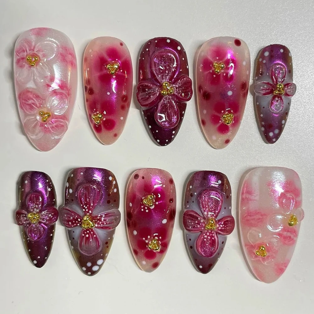 

2024 New Acrylic False Nails 10Pcs 3D Flowers Design Luxury Handmade Press On Nails Medium Almond ABS Artificial Nails with Set