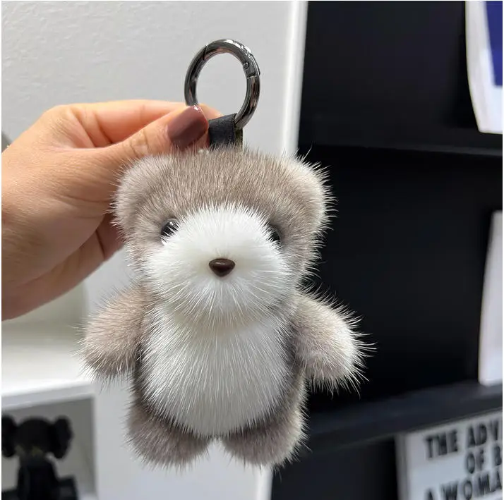 Fashion New Cute Real Mink Fur Keychain Bear Doll Pendant Toys Key Ring Handbag CHarm Ornament Jewelry Gift
