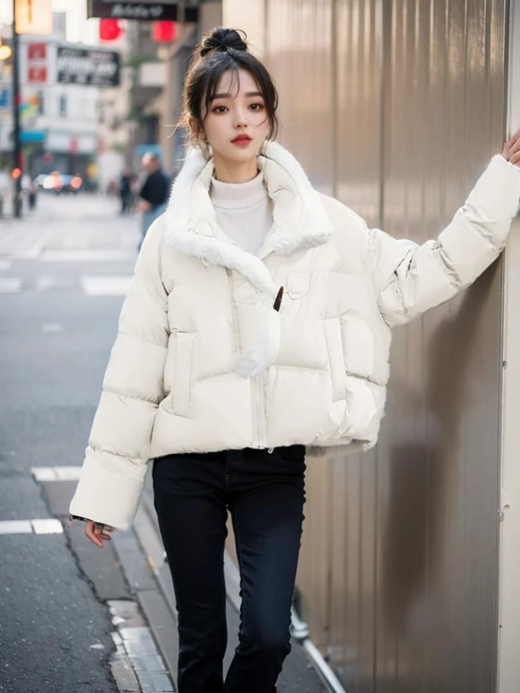 

White Duck Down Puffer Jacket for Women, Warm Coat, Short, Hair Splicing, Cow, Horn Buckle, Thick, Winter