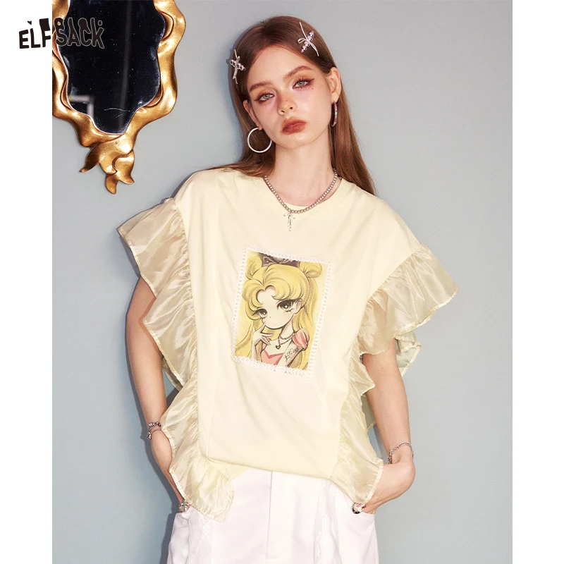 

ELFSACK 2025 Summer New Arrival Sweet Cool Yellow Printed Ruffle Bat Sleeve T-Shirt For Women