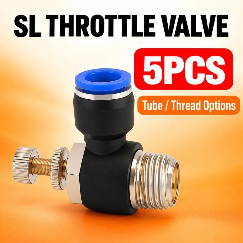 SL Air Flow Speed Regulating Valve 5PCS, Push-In Elbow Connector for 4 6 8 10 12mm Tube with Multiple Thread Options