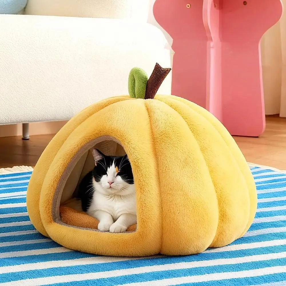 

Cat Cave Plush Pumpkin Cat House Non-slip Warm Thickened Dog Nest Comfortable Semi-enclosed Pet Cat Bed For Cats Dogs