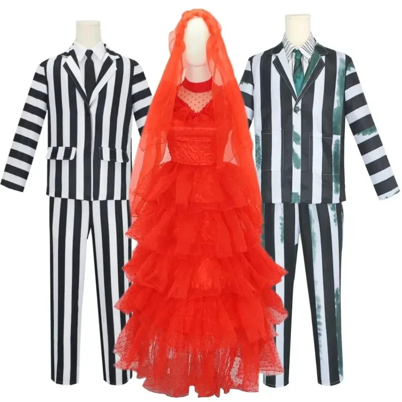 

in stock Cosplay Beetle Juicee Costume Black and White Striped Suit Lydia Red Wedding Dress Horror Movie Halloween Scary Ghost