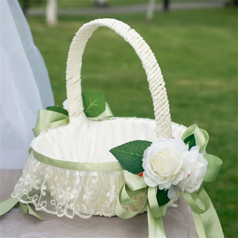 White Lace Wedding Flower Girl Basket with Green Ribbon & Artificial Roses, Bridal Ceremony Party Decorative Basket