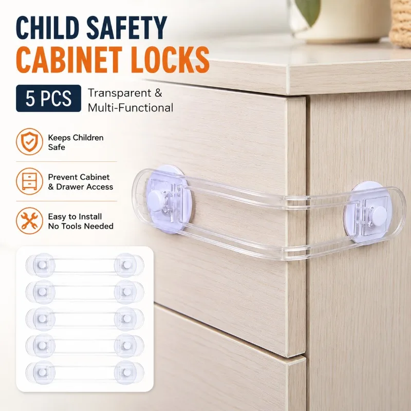 5 PCS Transparent Child Safety Cabinet Door Locks, ABS Resin Multi-Functional Anti-Open Soft Strap for Drawers Refrigerators