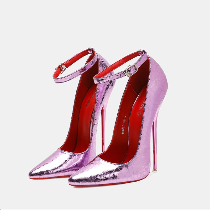 Zapatos de tacón alto con punta estrecha para mujer, calzado de tacón alto de piel de vaca auténtica, talla grande 46, para pasarela, fiesta de baile, Unisex, con correa en el tobillo