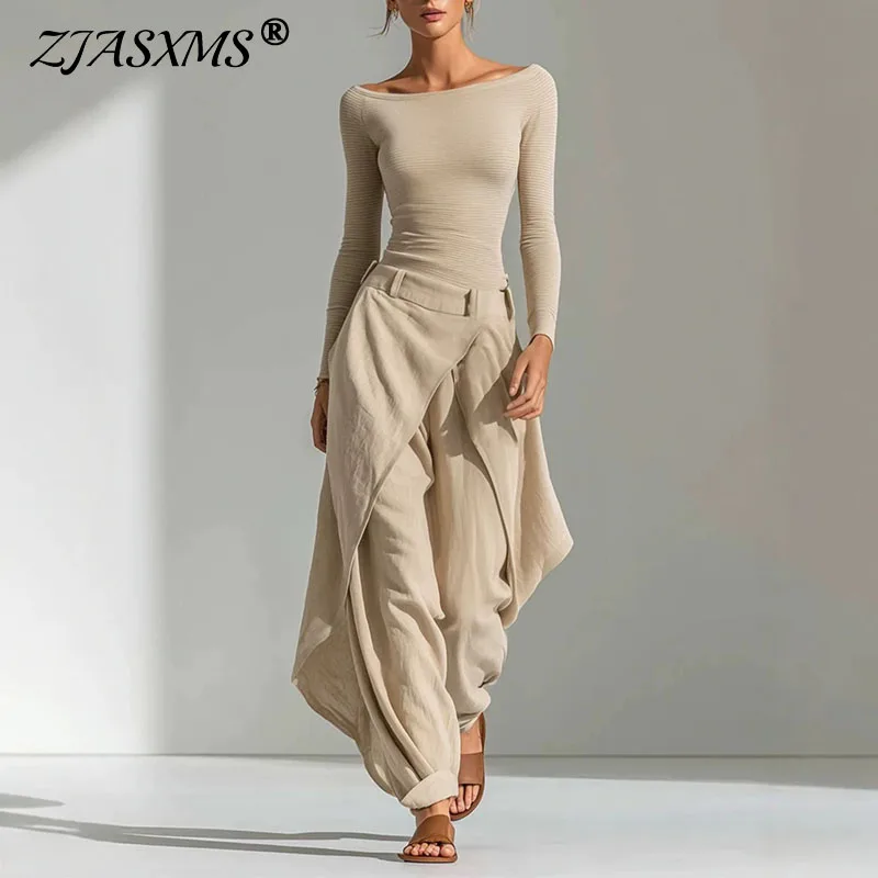 Damen Zweiteiler mit Unregelmäßigem Schnitt, Schulterfreies Langarm-Oberteil & Lange Hose, Herbst Casual Boho Mehrteiliges Outfit